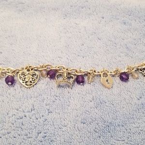 Silvertone Princess Charm Bracelet w/Purple Beads